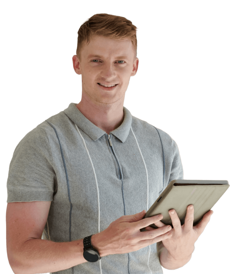 FoxSecur technician reviewing a security system on a tablet