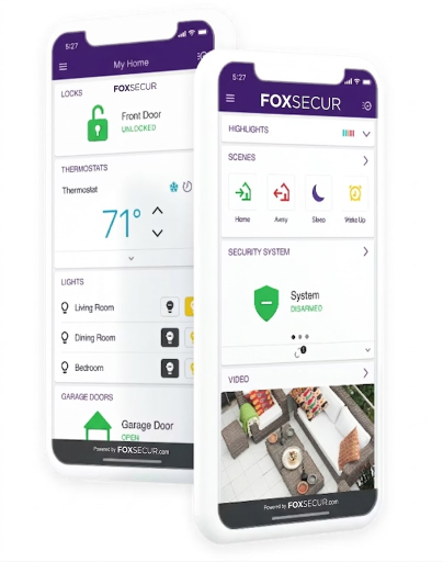 FoxSecur mobile app showing connected devices and live security dashboard