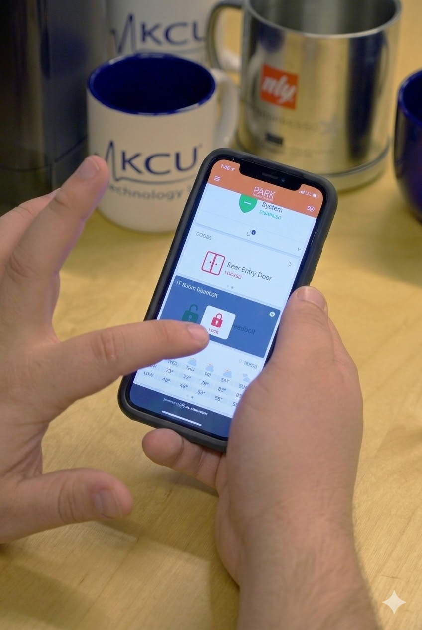 Hand holding a phone with the FoxSecur app open