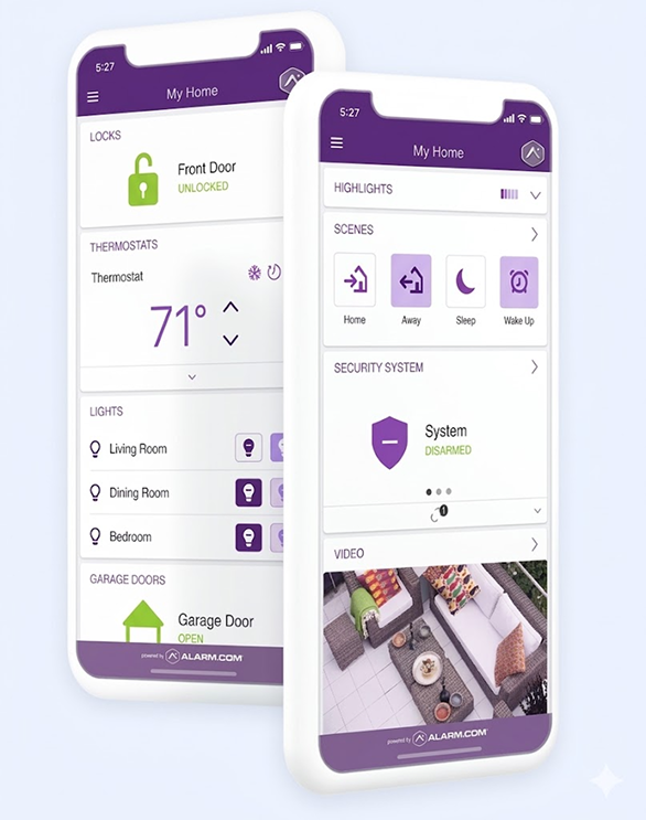 FoxSecur mobile app showing locks, thermostat, lights, and security system status